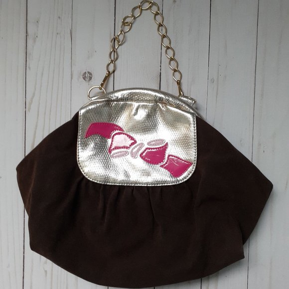 Lilly Pulitzer Gold & Brown Frame Clutch Bag with Chain Velvet Faux Snakeskin - Picture 1 of 13